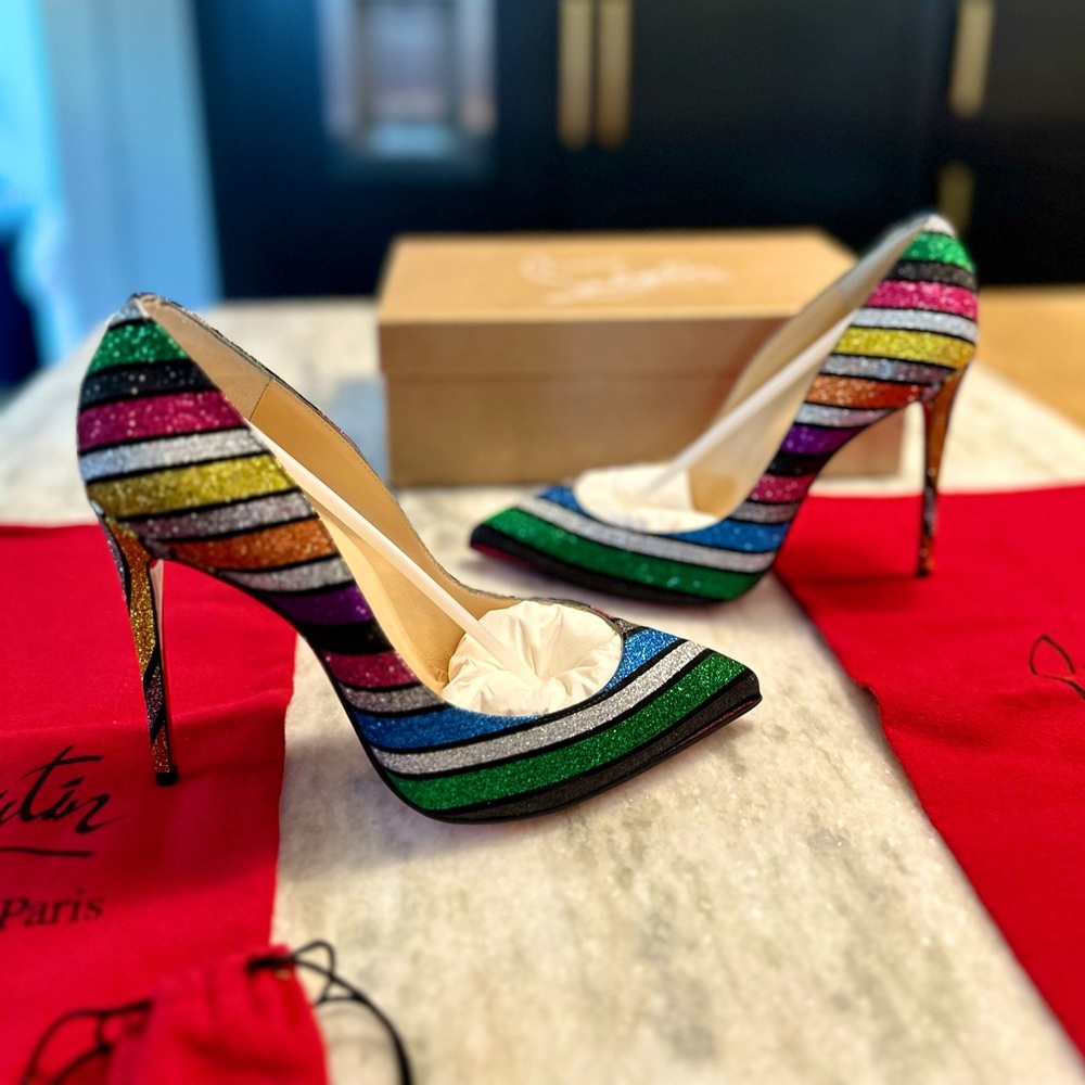Christian Louboutin Stripy Glitter Pigalle Follies Heels Size 38